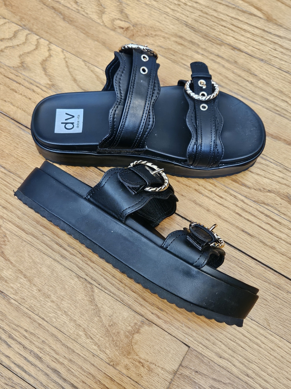 Dolce Vita Black Double-Buckle Slide Mules with Gold Accents
